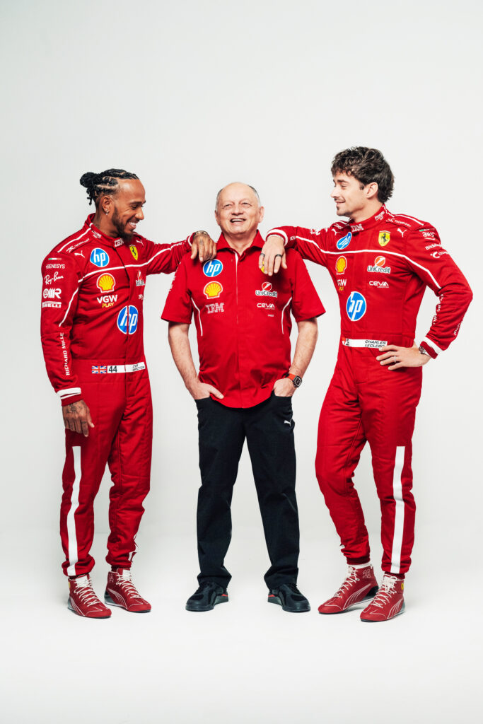 Lewis Hamilton, Fred Vasseur y Charles Leclerc