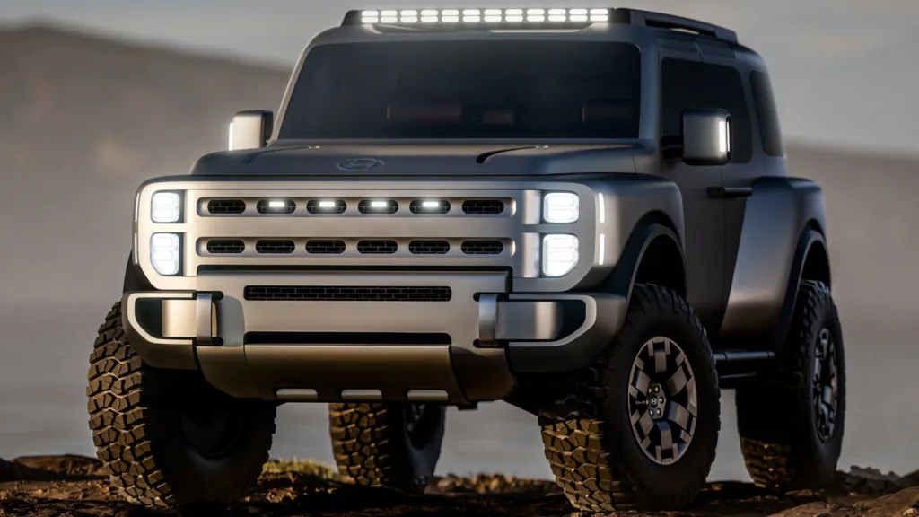 Comparativa visual entre el prototipo Hyundai Boulder y el Ford Bronco, destacando las líneas cuadradas y los pasos de rueda