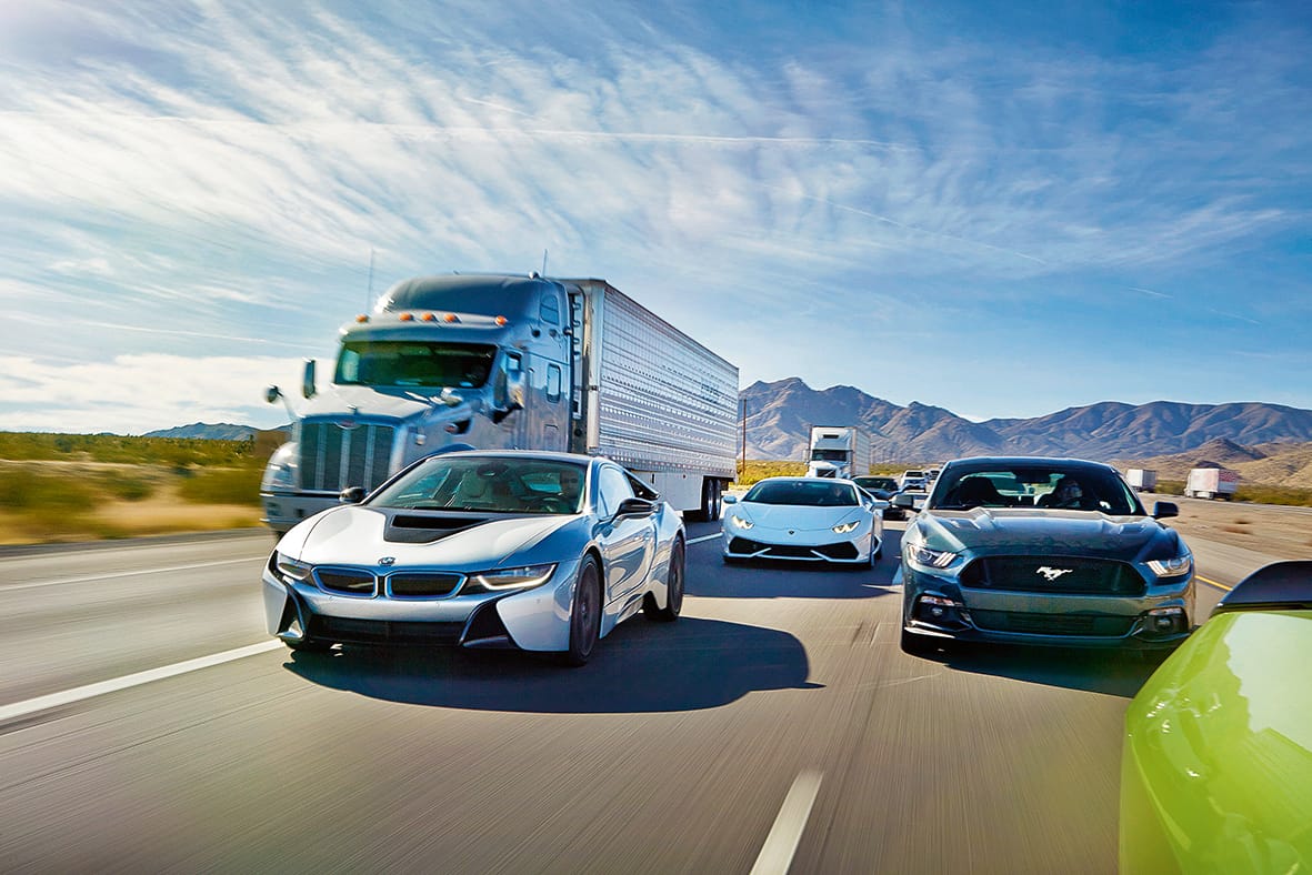 BMW i8 y Lamborghini Huracán contra SRT Hellcat y Mustang GT, etapa 2, de Barston a Las Vegas