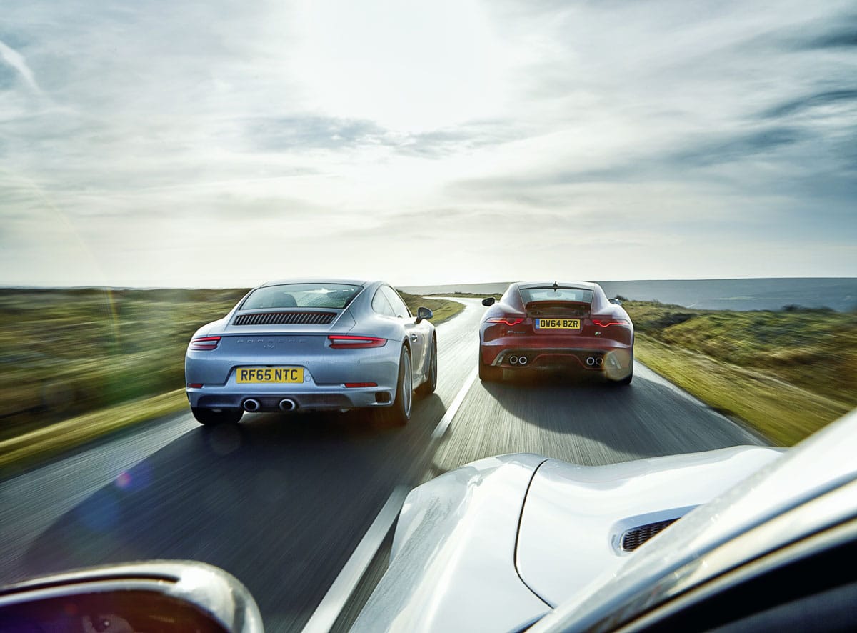 Porsche 911 Carrera S, Mercedes-AMG GT S y Jaguar F-Type R: Tormenta en el Desierto