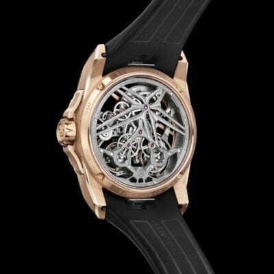 Roger Dubuis Excalibur Doble Tourbillon Volante Esqueletizado oro trasera