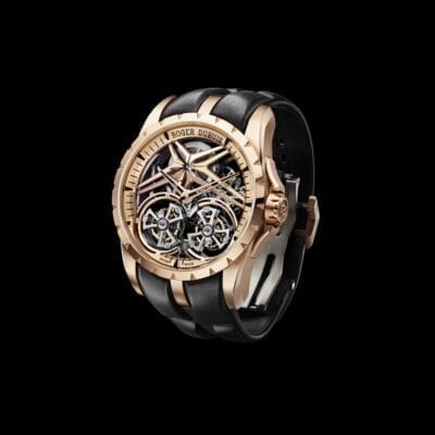 Roger Dubuis Excalibur Doble Tourbillon Volante Esqueletizado oro frontal