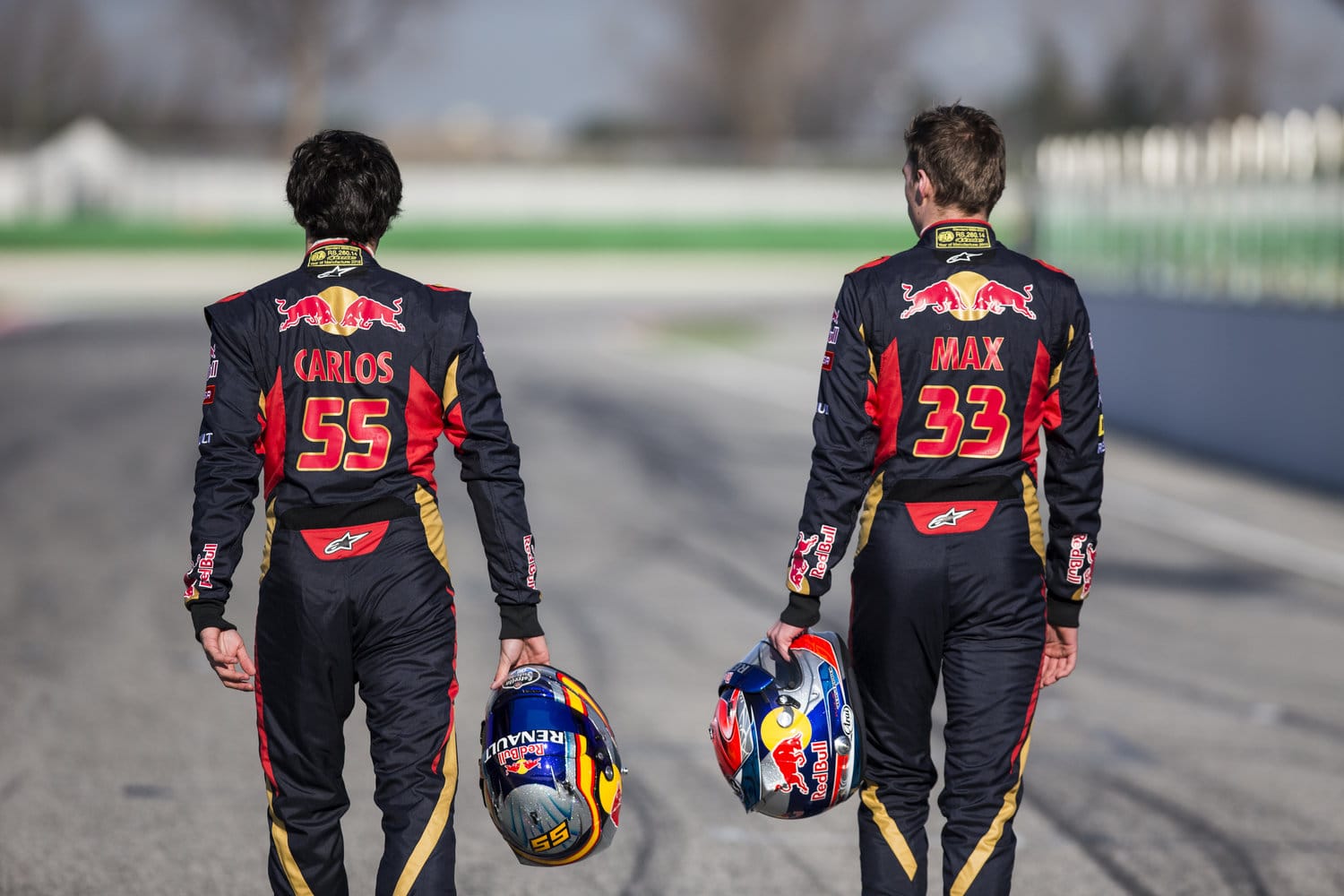 Max Verstappen of Nederlands and Carlos Sainz of Spain and Scuderia Toro Rosso pose in Misano, Italy on January 28th, 2015